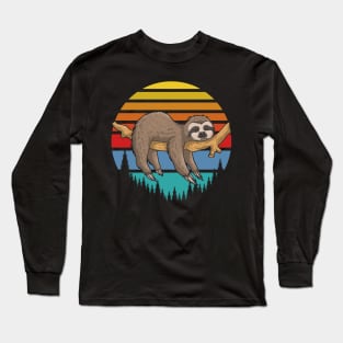 lazy Sloth on branch with Retro sunset. hoodie and Long Sleeve T-Shirt